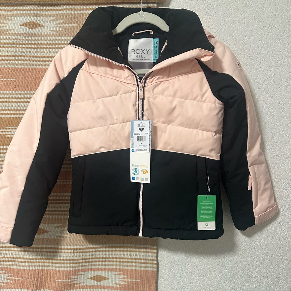 Roxy Pink and Black Puffer Jacket with Quilted Design